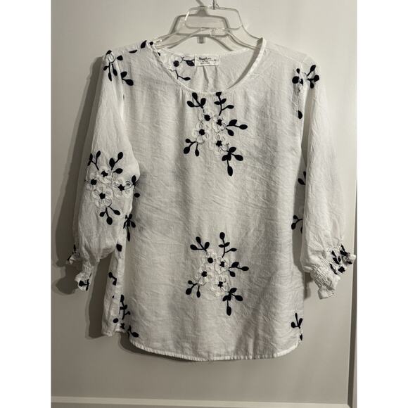 Sapphire Long Sleeve White Embroidered Flowers Blouse Sz LP Preppy Summer Office - Picture 1 of 10